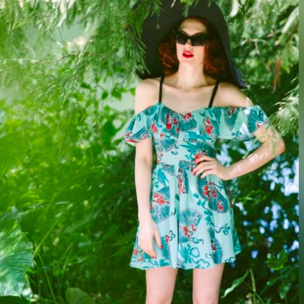Trashy Diva Absinthe and Black Fans Hollywood Romper BNWT 8 Medium Pinup Retro
